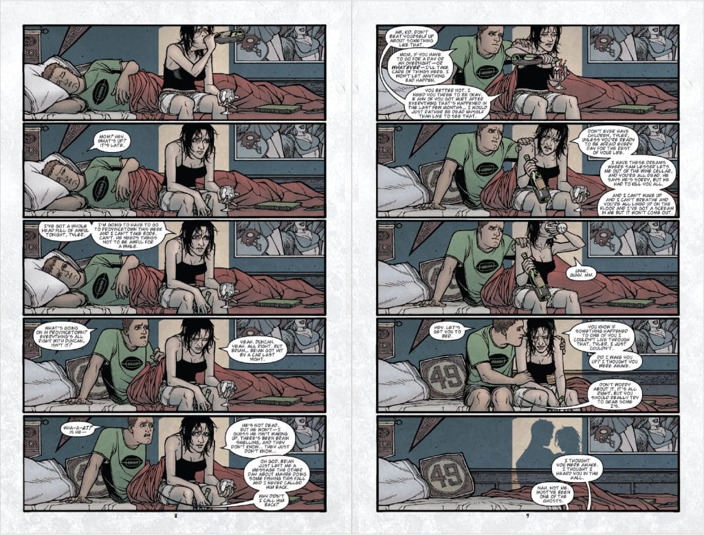 A comic strip depicting a conversation between two characters in a bedroom. One character, sitting on the bed in shorts, appears distressed, while the other, wearing a green shirt, looks concerned. Dialogue balloons illustrate their discussion about personal issues and relationships.