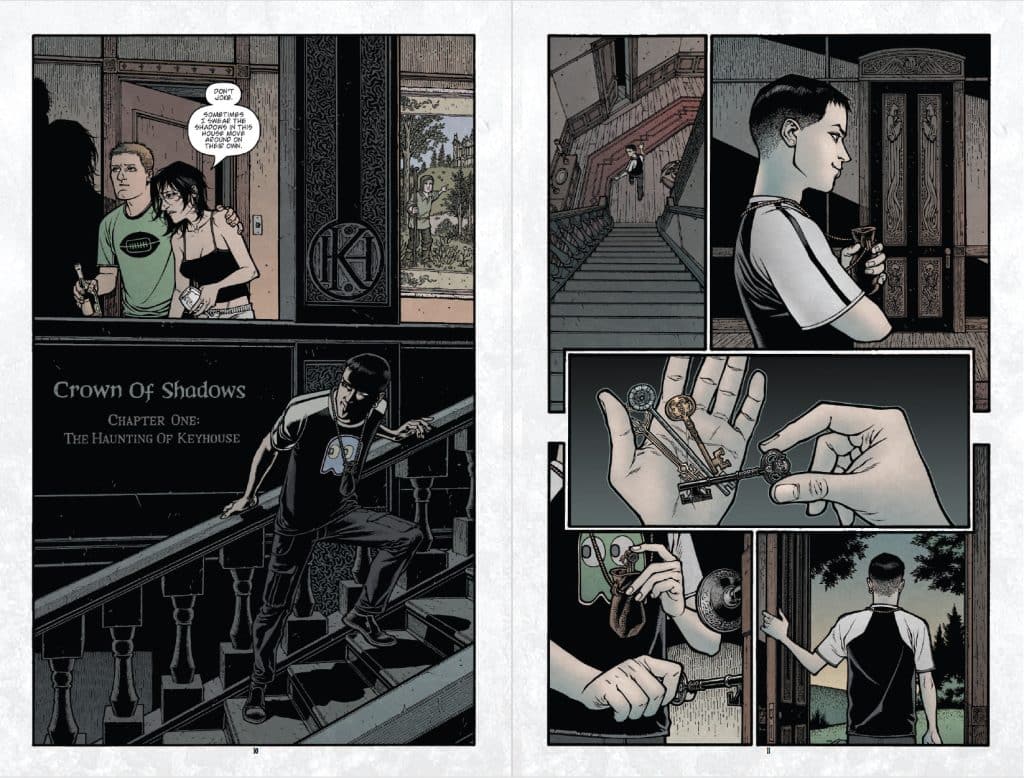 A comic book layout featuring a scene with characters standing on a staircase, discussing shadows. A young boy is holding several ornate keys and appears to be preparing to open a door. Various panels depict the characters and their actions in a dark, moody environment.