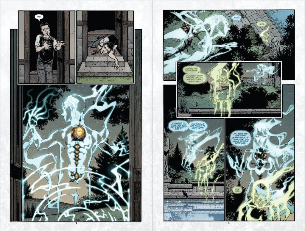 A comic page depicting a character emerging from a doorway with a distressed expression; another character is shown as a glowing ethereal figure with energy emanating from their body. The panel features a mystical atmosphere with a backdrop of trees and a stone path, conveying a supernatural theme.