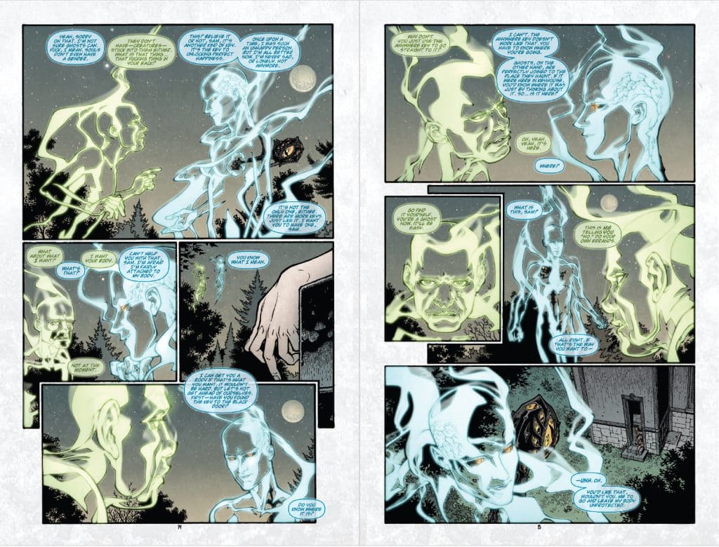 A comic book page featuring two ghostly figures conversing against a night sky filled with stars and a moon. The characters have glowing outlines and are depicted in a forest setting, with a building visible in the background. Speech bubbles convey their dialogue.