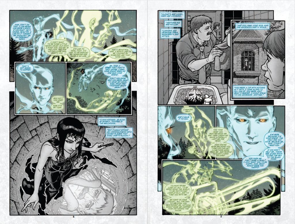 A comic book page featuring two characters engaged in a supernatural discussion, with ghostly figures and ethereal elements depicted in a striking monochrome and color scheme.