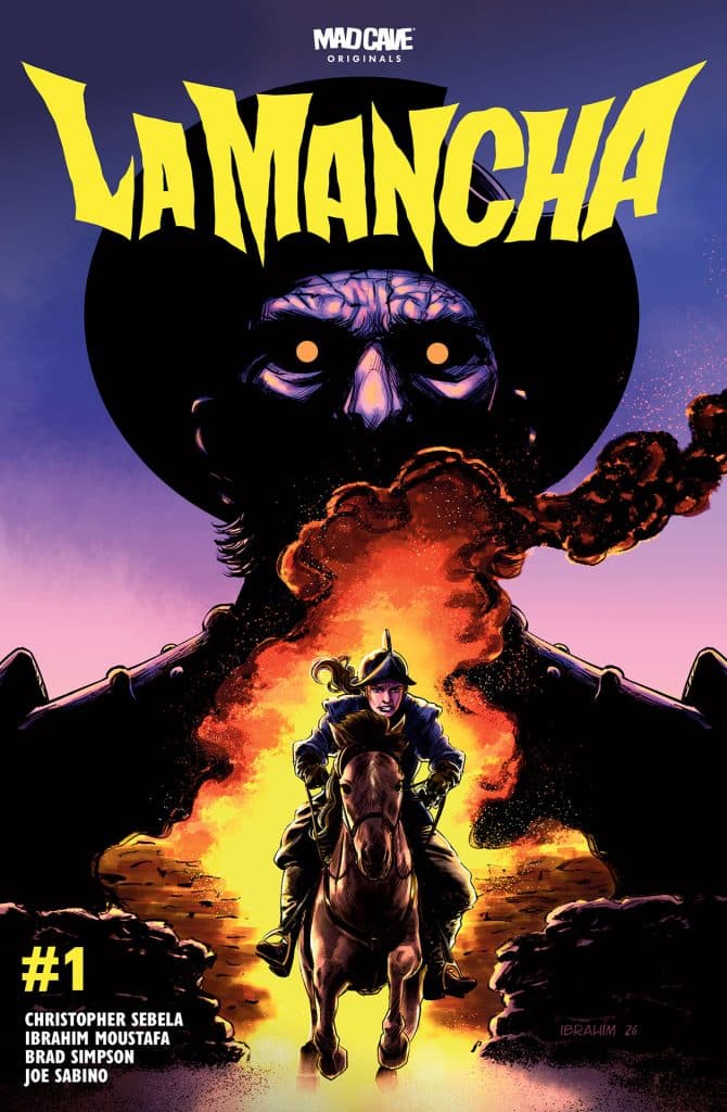 Cover of the comic book 'La Mancha', featuring a silhouetted figure wearing a large hat with glowing eyes, riding a brown horse. The background shows flames and smoke, creating a dramatic atmosphere. The title is prominently displayed at the top in bold yellow letters.