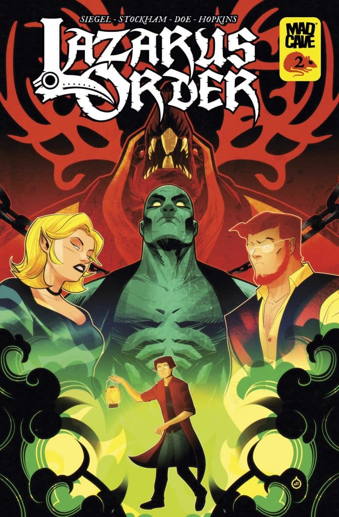 Comic book cover for 'Lazarus Order' featuring four characters: a blue-skinned man in the center, a blonde woman to the left, a man with a lantern at the bottom, and another man with a beard to the right. Dark, eerie background with a large creature looming above.