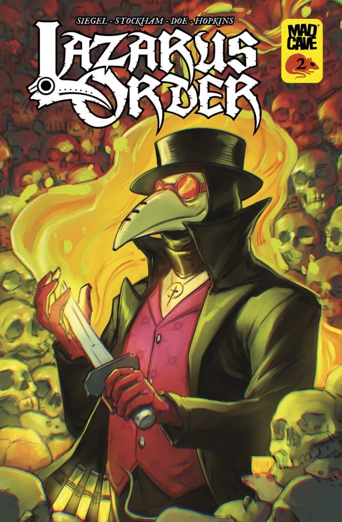 Comic book cover for 'Lazarus Order' featuring a character in a plague doctor costume holding a dagger, surrounded by skulls and an eerie yellow background.