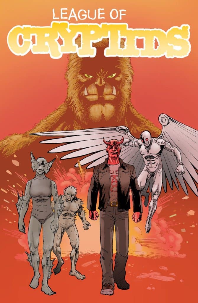 Cover of 'League of Cryptids' featuring four mystical characters: a furry, monstrous figure in the background and three figures in the foreground, including a red demon-like character and a winged individual, with an explosive background.