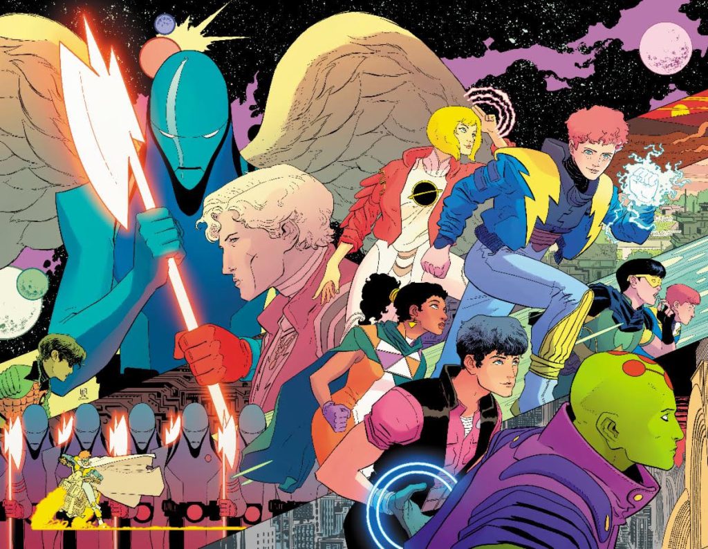 A vibrant comic book illustration featuring a diverse group of superheroes in dynamic poses against a cosmic background, highlighting characters with unique powers and costumes.