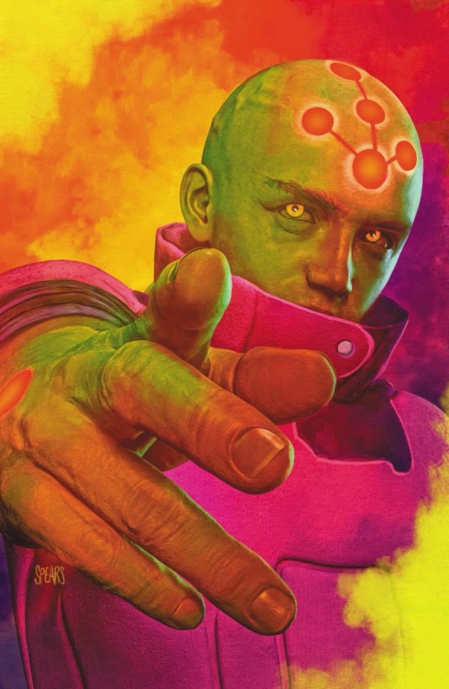 A vibrant, artistic illustration of a green-skinned character with a bald head and yellow eyes, pointing forward with an intense expression. The background features a colorful, swirling gradient of orange, pink, and purple hues.