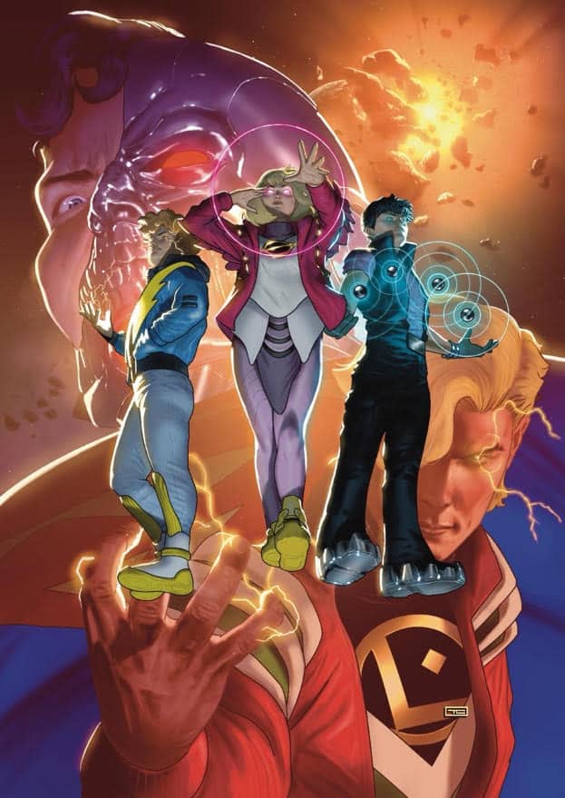 A group of three superheroes with unique powers stands in front of a large robotic figure, showcasing their abilities amidst a cosmic backdrop.