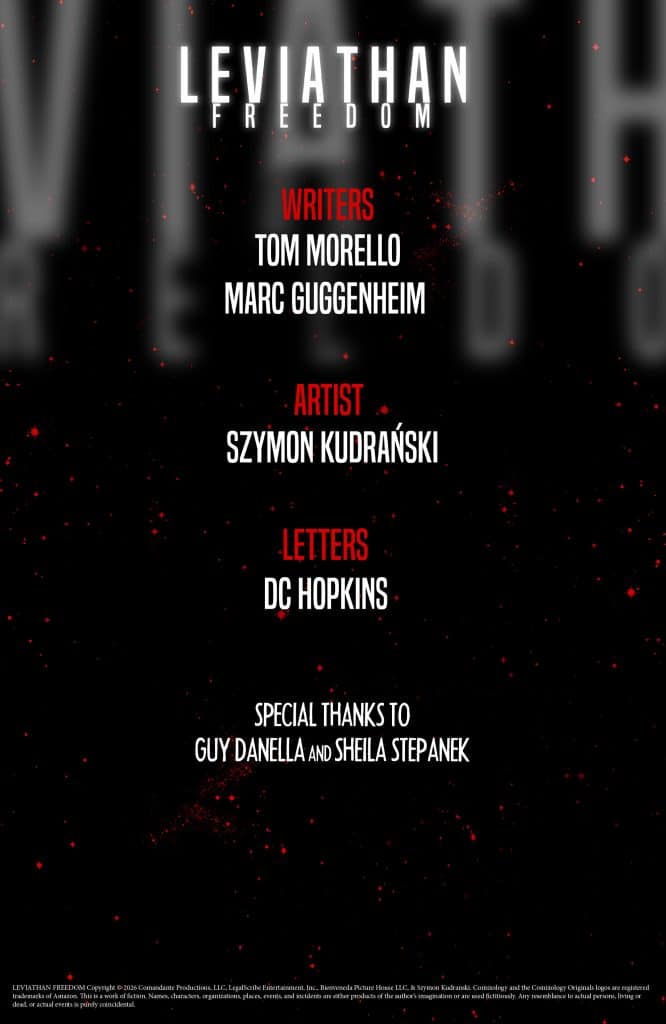 Promotional graphic for 'Leviathan: Freedom' featuring the names of writers Tom Morello and Marc Guggenheim, artist Szymon Kudrański, and letterer DC Hopkins, along with special thanks to Guy Danella and Sheila Stepanek.