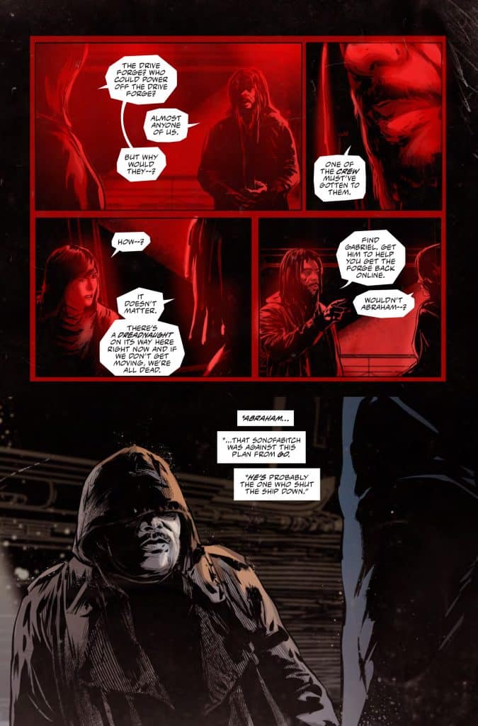 A comic panel featuring two hooded characters in a dimly lit, red-toned setting discussing a malfunctioning machine. One character expresses frustration and concern about a member of the crew who might have tampered with the machine, while the other suggests locating someone named Gabriel for assistance.
