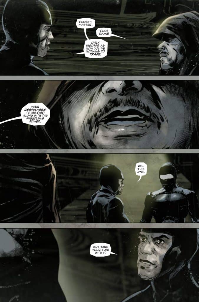 A comic book panel featuring two characters in a tense conversation, one in a hooded cloak and the other in a masked outfit. The character in the cloak appears intimidating, while the masked character looks serious. Speech bubbles display their dialogue about power and trade, hinting at a dark theme.