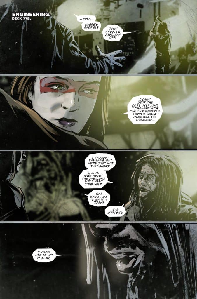 A comic panel depicting a tense conversation between two characters in a sci-fi setting. One character, Lavinia, appears concerned, while the other discusses a critical situation regarding a ship's core overload, suggesting a drastic solution.