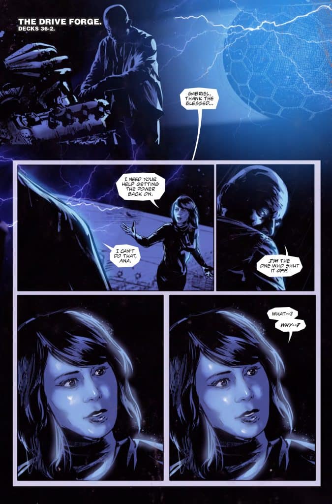 A comic panel scene set in a futuristic environment, featuring a man and a woman discussing power restoration. The woman looks concerned as she reveals she is the one who turned off the power. Dramatic blue and purple lighting enhances the tense atmosphere.