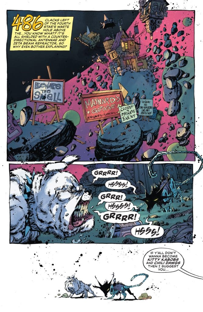 A comic panel depicting an alien landscape with asteroids, various signs, and a house. The upper section features text explaining the location. The lower section shows two cartoon-like creatures in a confrontational stance, with one appearing aggressive, and dialogue indicating tension.