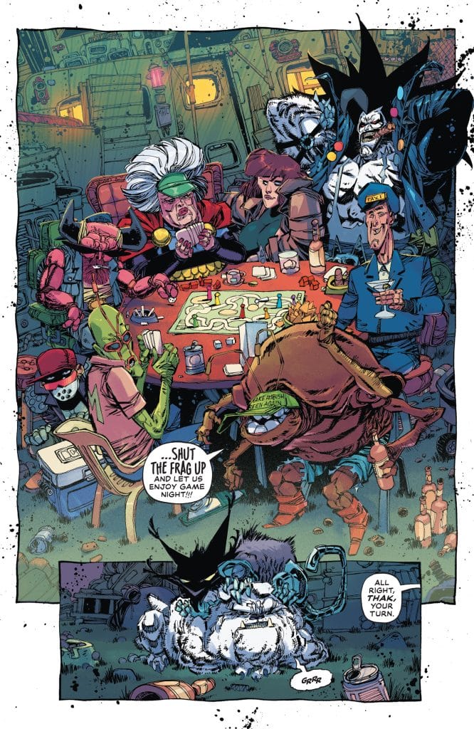 A colorful comic-style illustration depicting a group of quirky characters gathered around a table playing a game. They are in a cluttered, sci-fi environment, with various drinks and snacks visible. The characters exhibit diverse appearances and expressions, conveying a sense of camaraderie and excitement for game night.