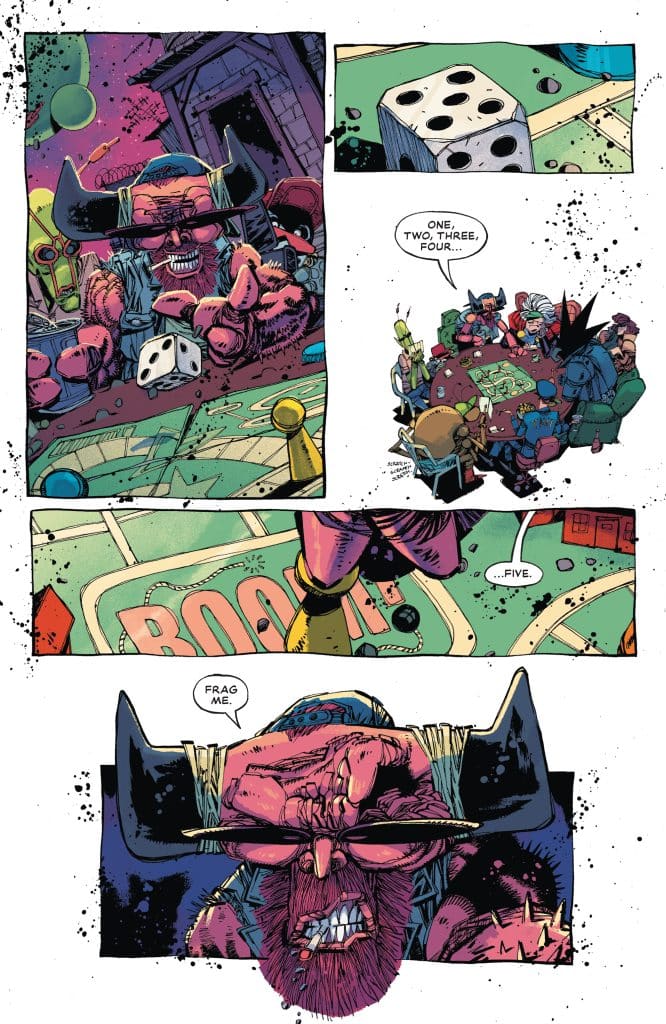 A colorful comic panel featuring a large, horned character with a beard, sitting at a table with various other characters playing a game. The character is counting with dice and exclaims the numbers one through five. The scene is set in a whimsical, animated style with a chaotic background.