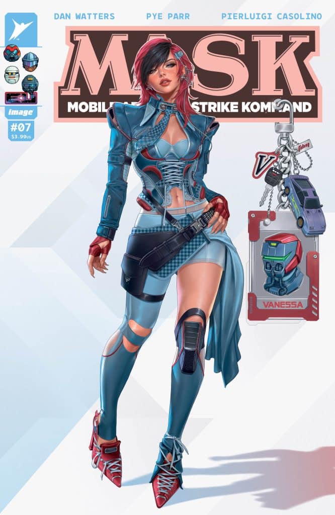 Comic book cover featuring a stylized female character in a blue and red outfit, with futuristic design elements, holding a holster, and accompanied by a keychain with a character design labeled 'Vanessa'.