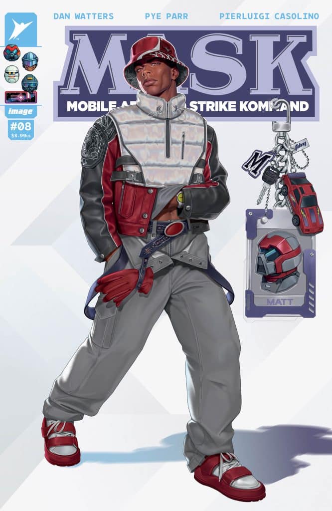 A stylish character from the comic book series M.A.S.K., wearing a red and gray outfit, including a puffy jacket and baggy pants, with matching red shoes. The character is posed confidently against a light background, with a keychain featuring a vehicle and a character profile displayed nearby.