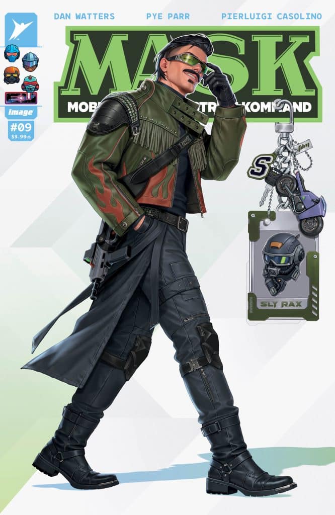 A stylized comic book cover featuring a character named Sly Rax in a green and black outfit, wearing sunglasses and holding a weapon. He has a confident pose and a mustache, with a keychain featuring a miniature vehicle and his name displayed prominently.