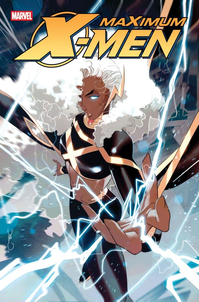 Cover of 'Maximum X-Men' comic featuring a superhero with white hair and glowing blue eyes, surrounded by lightning.