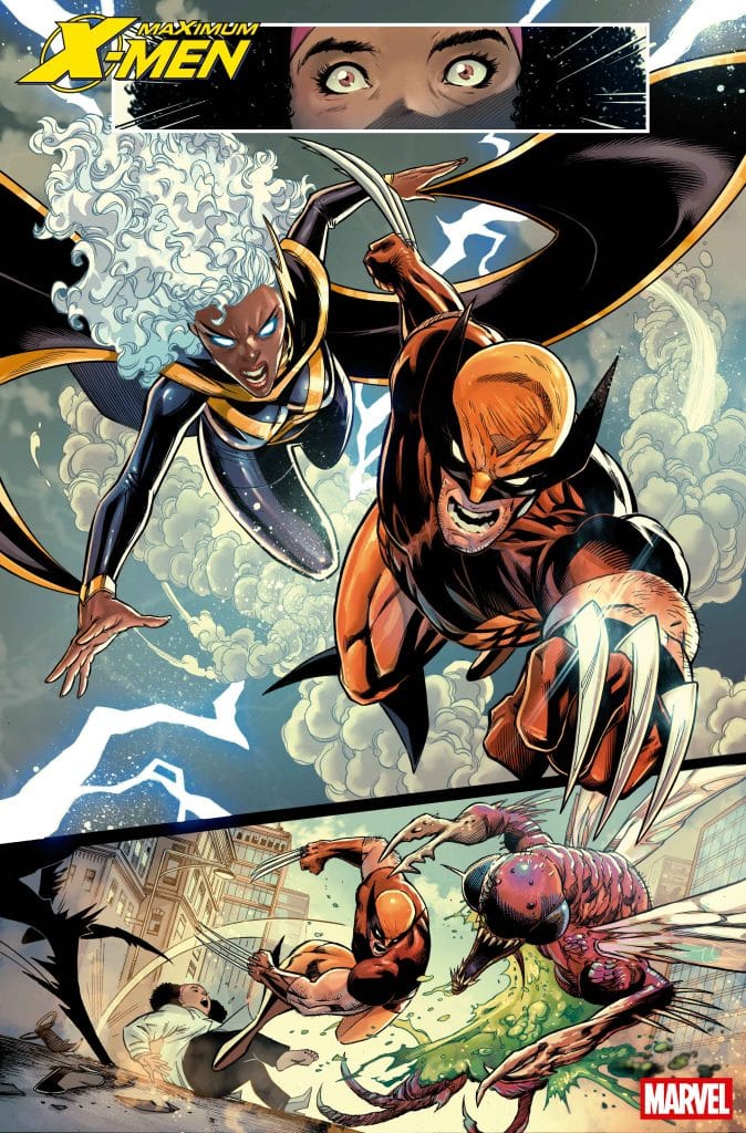 A comic book cover featuring Storm and Wolverine from the X-Men, soaring through the sky with dynamic action poses. In the background, there is a character with a worried expression, and below, a battle scene showcases Wolverine fighting a monstrous creature in a city setting.