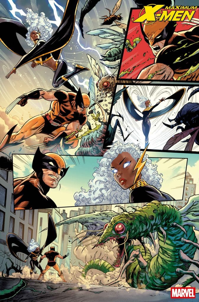 A comic book scene featuring Wolverine and Storm from the X-Men battling a giant monstrous creature, with vivid action and dynamic poses in an urban setting.