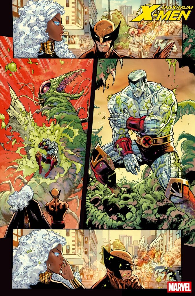 Comic book panel featuring X-Men characters in an urban setting, with an explosion in the background and a large monster attacking. Characters include Storm with white hair, Wolverine with his distinct claws, and Colossus, who is depicted in a muscular stance amidst the chaos.