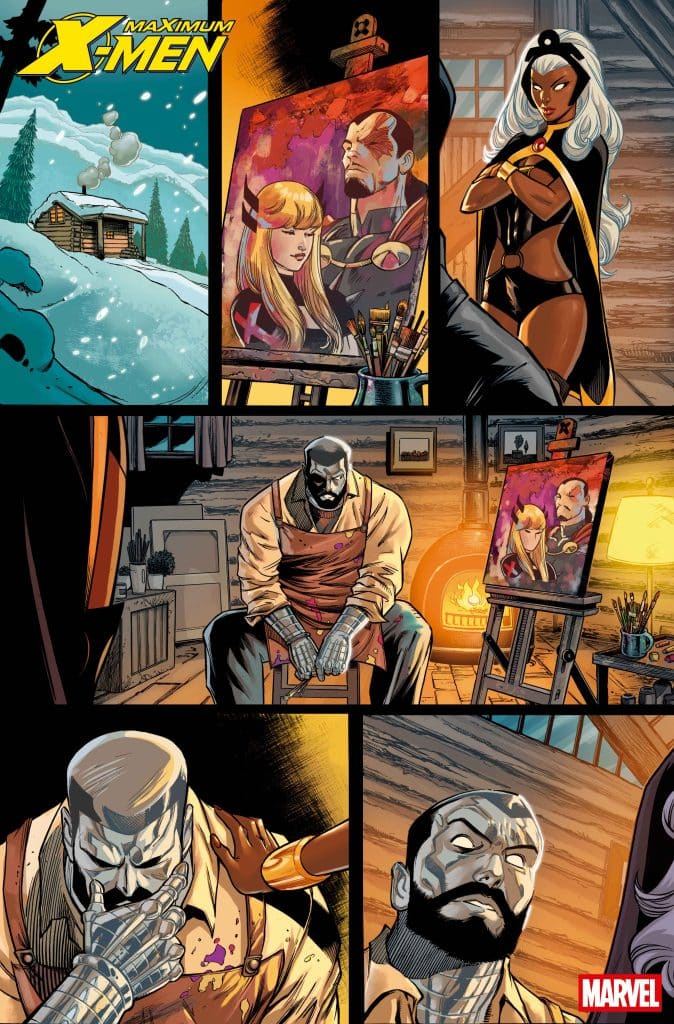 A comic book scene featuring a snowy landscape with a cabin. Inside, a character in an apron sits pensively in front of a painting of two superheroes. Another superhero stands with an intense expression. The atmosphere is dramatic, highlighted by a warm fireplace.