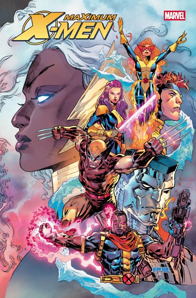Cover art of the comic book 'Maximum X-Men' featuring multiple X-Men characters, including Storm, Cyclops, and Wolverine, showcasing their powers in an action-packed composition.