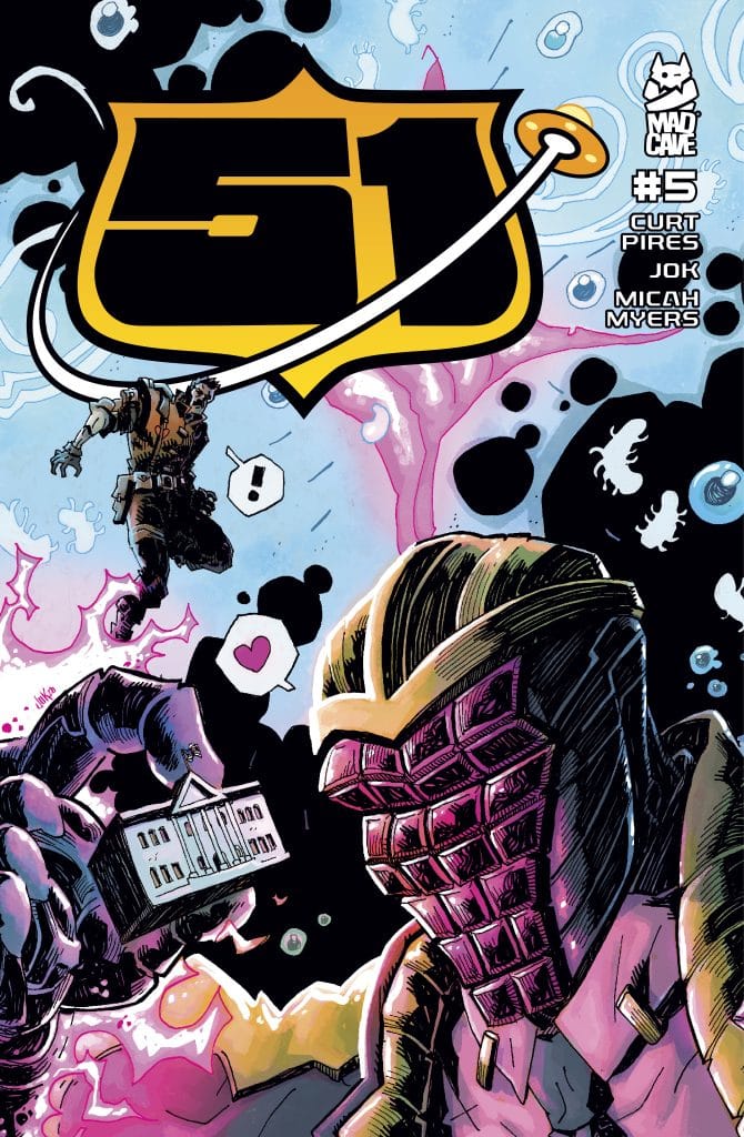 Cover of the comic book '51' #5, featuring a character in a stylized helmet holding a miniature White House, with colorful background elements and dynamic designs.