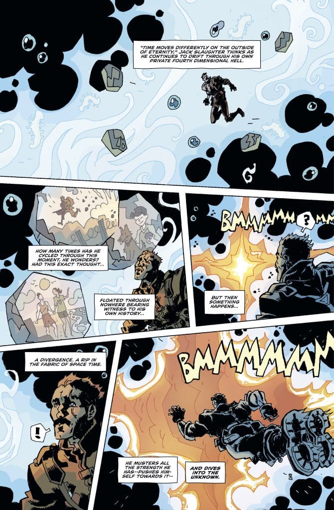 A comic book panel featuring a character, Jack Slaughter, drifting in a surreal environment with swirling patterns and floating rocks. The scene conveys themes of time, memory, and a divergence in space-time, with explosive effects in the background.