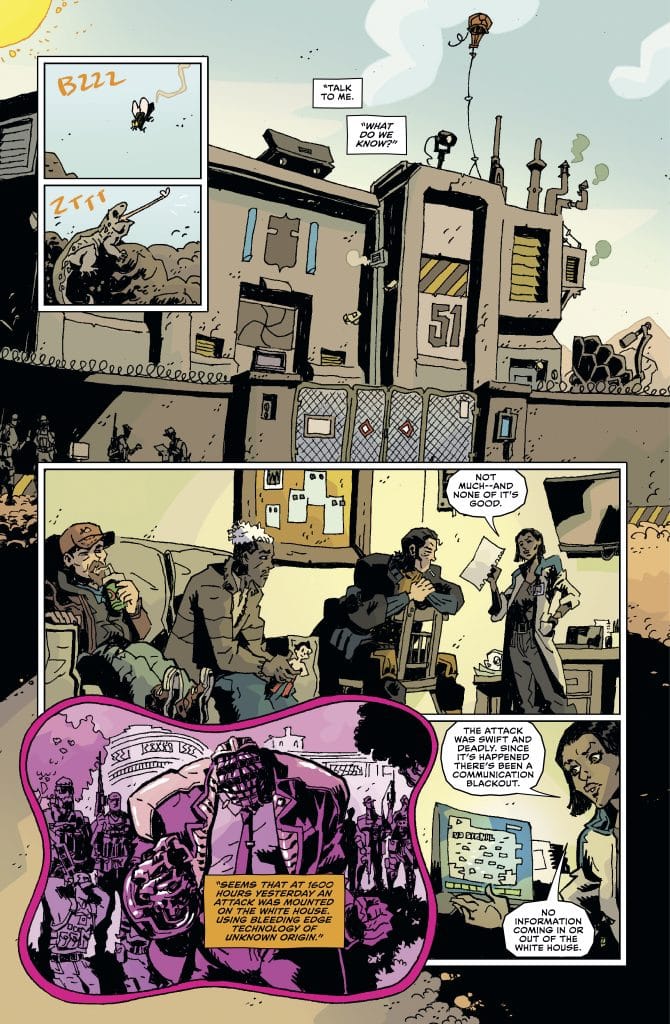 A comic book page showing a chaotic scene with soldiers outside a building marked '51,' a conversation among four characters, and a graphic of an attack on the White House.