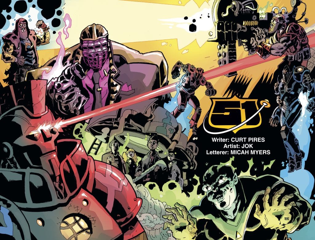 A dynamic comic book cover featuring various characters in action. Central figure in a purple coat and mask shoots a laser gun, while other characters, including a robot and a green, monstrous figure, are depicted in a vibrant, explosive background. The title '51' is prominently displayed along with credits for the writer, artist, and letterer.