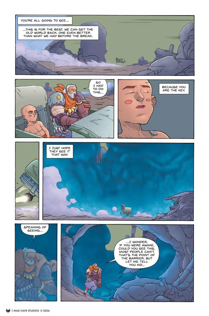 A comic strip featuring characters discussing the possibility of restoring the old world, with one character emphasizing the importance of another as 'the key'. The setting includes a rocky landscape and hints of advanced technology.