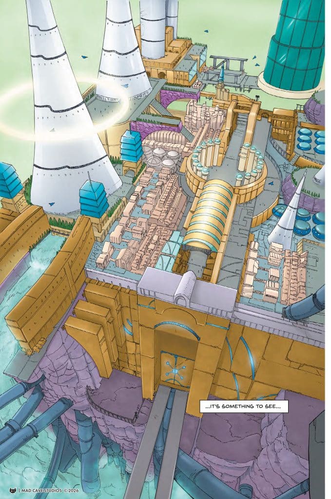 An aerial view of a futuristic industrial complex with tall white towers and intricate structures, featuring pipelines and colorful buildings in a vibrant landscape.