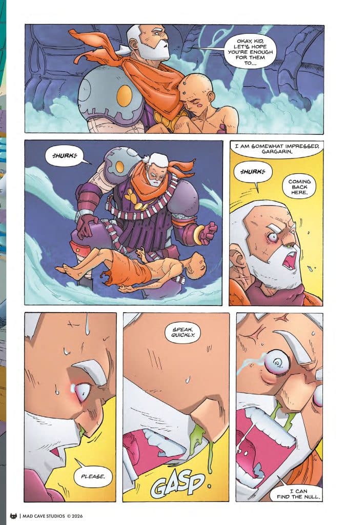 A comic panel featuring a muscular character dressed in armor holding a small, bald child. The character expresses hope for the child's abilities while the child appears anxious.