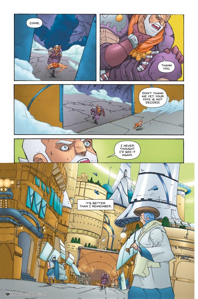 A comic panel featuring a muscular character carrying a small dog, expressing gratitude.