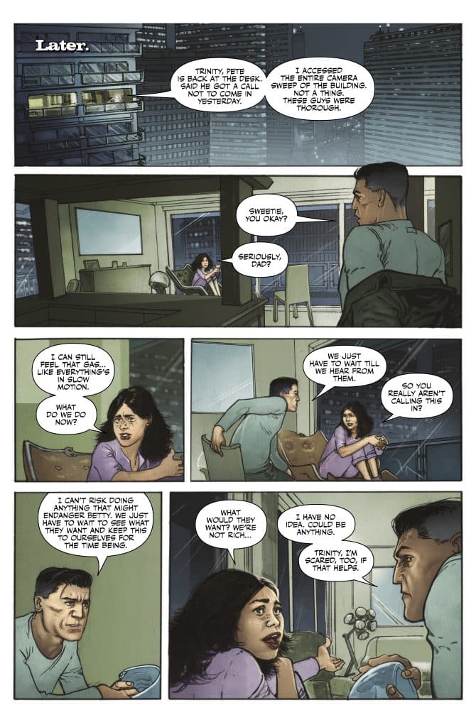 A comic panel featuring two men and two women discussing a serious situation. One man is speaking on the phone while the others appear concerned. There are dialogue bubbles indicating their unease and uncertainty about a threat they are facing.