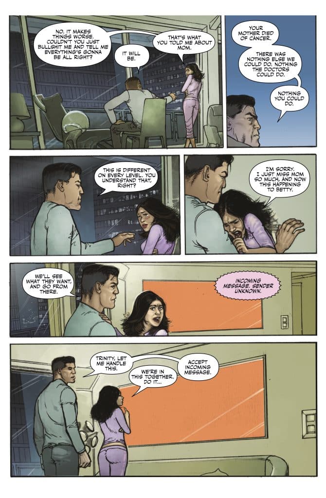 A conversation scene between three characters, expressing emotions related to loss and uncertainty. One character comforts another, while another appears distressed. The background shows a view from a modern room with a window.