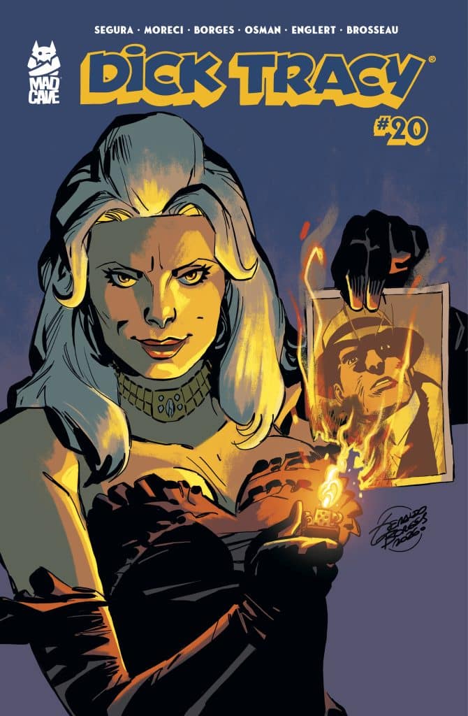 Cover of Dick Tracy #20, featuring a woman in a black dress holding a lighter and a photograph, with a flame igniting from the lighter.