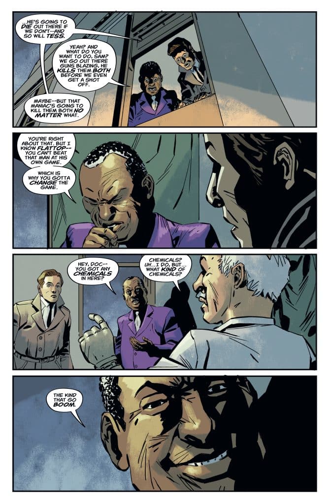 A comic panel featuring three characters discussing a dangerous situation. One character expresses concern about a maniac killing two others, while another suggests changing the game. The dialogue revolves around chemicals and explosive possibilities.