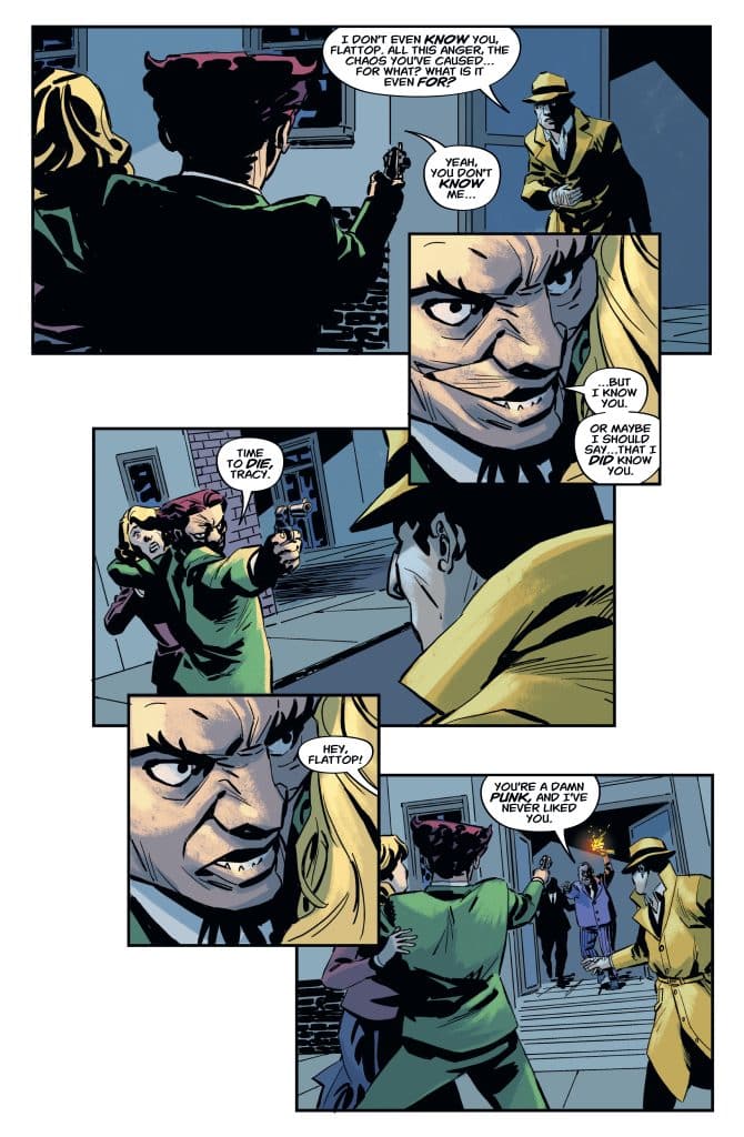 A comic book panel showing a tense confrontation between two characters. One character, depicted in a yellow trench coat and hat, is being threatened by another holding a gun, with an angry expression. The background suggests a dark alleyway.