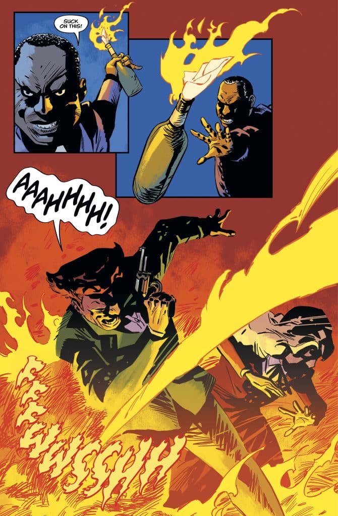 A comic book scene depicting a character throwing a Molotov cocktail with flames erupting, while another character reacts in panic. The background features vibrant fiery colors, enhancing the dramatic effect of the confrontation.