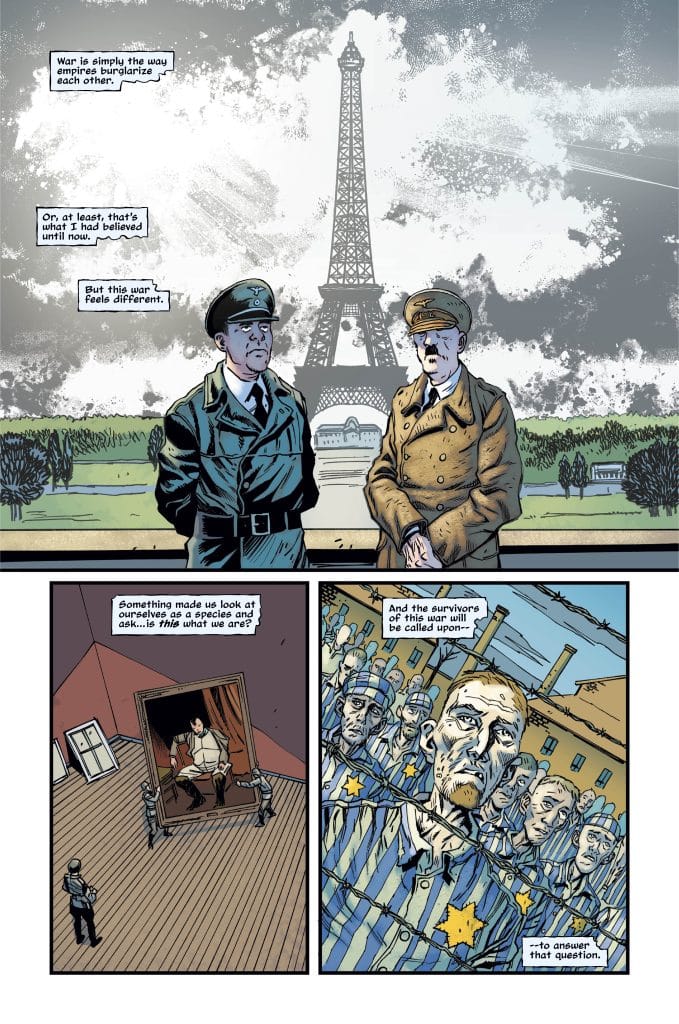 A comic strip illustration featuring military officers discussing the nature of war in front of the Eiffel Tower, with expressive dialogue and somber themes.