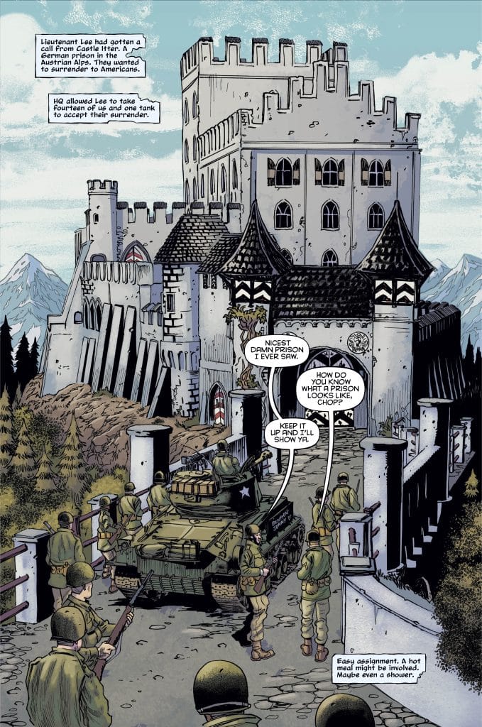 A military scene depicting soldiers and a tank outside a large castle in the mountains, with dialogue between the characters suggesting a humorous exchange about a prison.