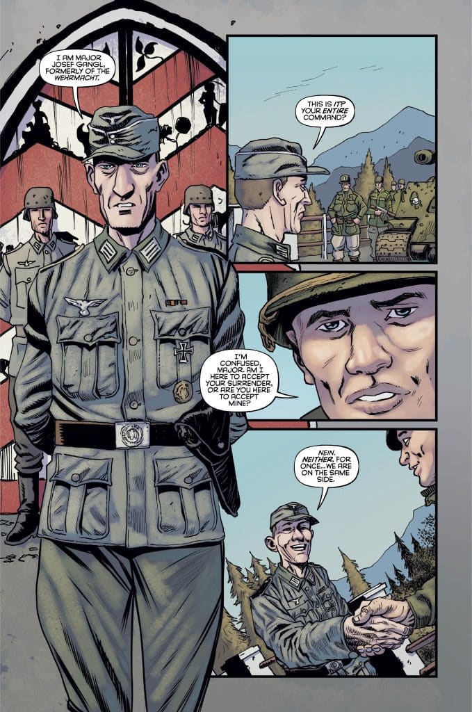 A comic panel featuring a conversation between a Major, dressed in a World War II German uniform, and another soldier. The backdrop shows military personnel and equipment. The Major expresses confusion about the situation, while the other soldier suggests an unexpected alliance.