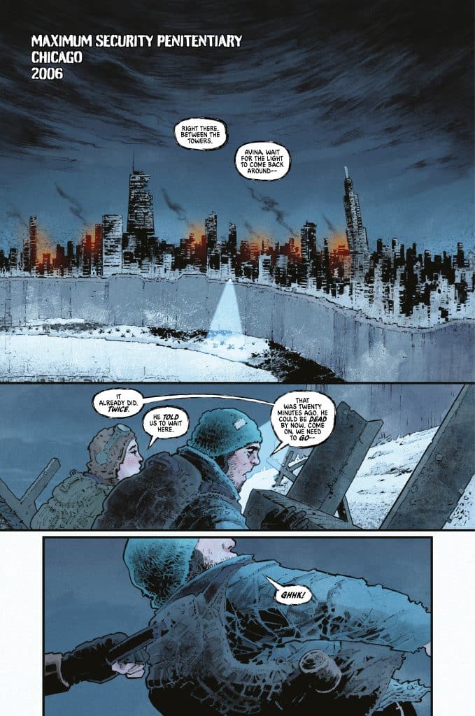 A graphic novel scene set in a snowy, urban landscape of Chicago in 2006, depicting two characters communicating while observing a prison with city skyscrapers in the background.