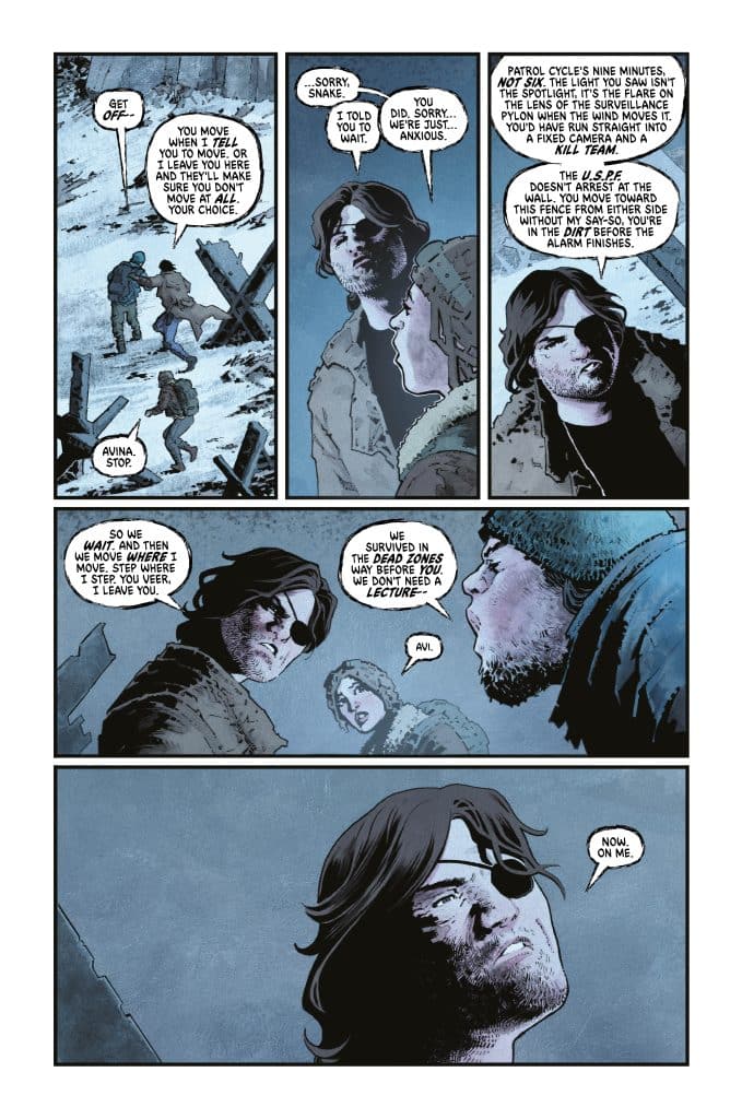 A comic book panel featuring three characters engaged in a tense conversation, with one character wearing an eye patch. The background depicts a snowy landscape and a wall, suggesting a scenario involving stealth or danger.