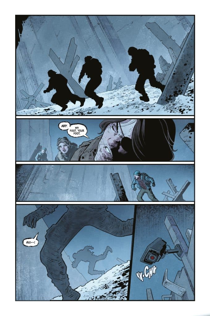 A comic panel depicting two silhouetted figures walking through a snowy landscape with scattered debris, while a third character, partially visible, is seemingly distracted. The background features a shadowy figure and a security camera watching the scene.