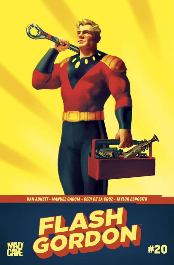 A muscular hero in a red and black costume holding a wrench in one hand and a toolbox in the other, set against a bright yellow background. The title 'FLASH GORDON' is prominently displayed at the bottom, along with the issue number #20.